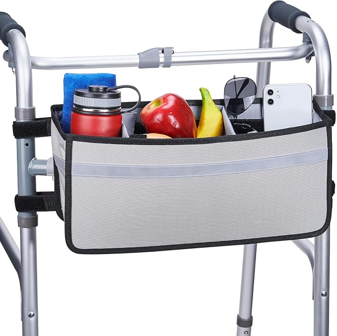 JOYTUTUS Walker Basket for Seniors, Basket for Walkers with Cup Holder, with Two Split Board, Foldable Walker Storage Bag, Best Gift for Family and Friends, Gray (Not Fit Rollator Walkers)