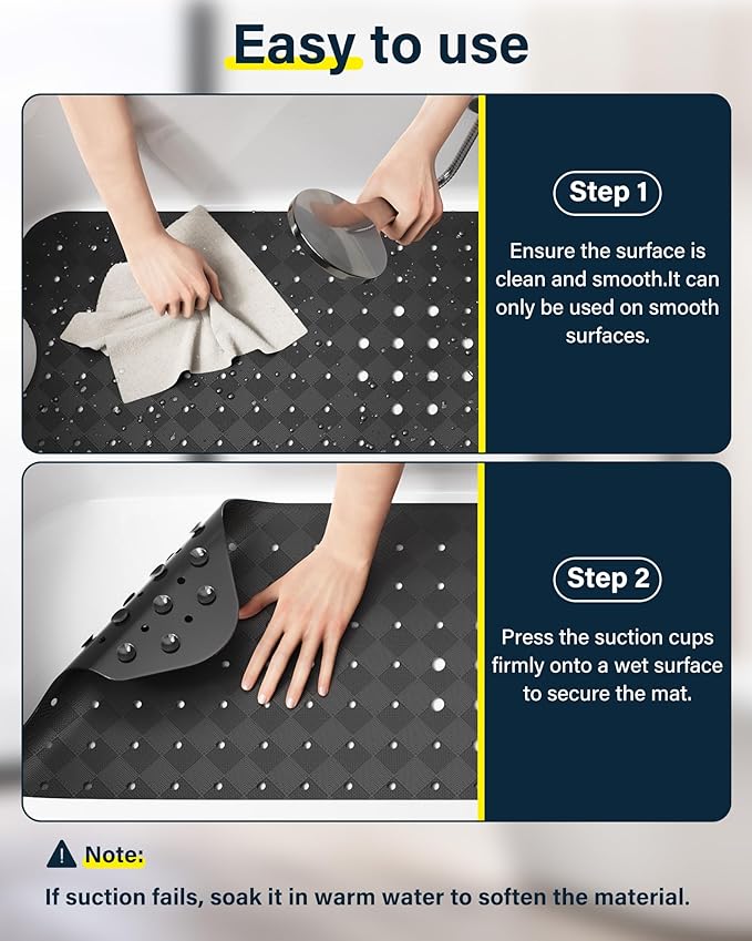 Non Slip Bathtub Mat for Tub & Shower, Machine Washable 40"x16" Anti Slip Bath Mat with 2 Hooks, Soft & Comfortable and Extra Largefor Families, Black