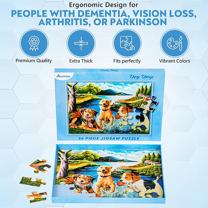 Assistex Large Piece Jigsaw Puzzle for Seniors with Dementia with Conversation Prompts, Large Piece Memory Game for Adults, Elderly, and Dementia Patients – Dogs Puzzle, 36 pcs