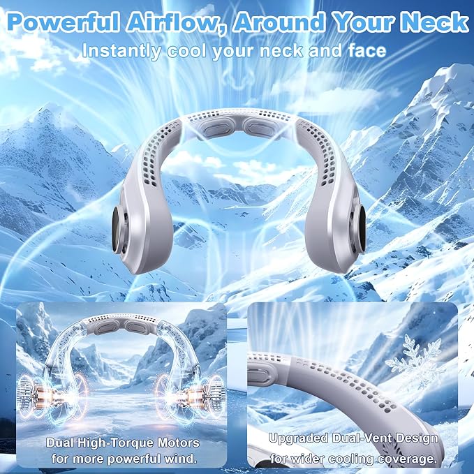 Portable Neck Fan Rechargeable - [with LED Display] 5 Speeds, 5000 mAh Battery Operated Wearable Personal Cooling Bladeless Fan for Outdoor Travel, Gifts for Men Women Kids,Gray