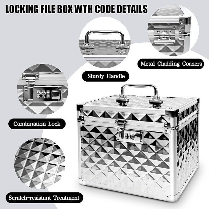 Medication Combination Lock Boxes with Code for Personal Items, Medicine Lockbox for Documents 10 x 7.25 x 7.75 Inches Plaid Silver