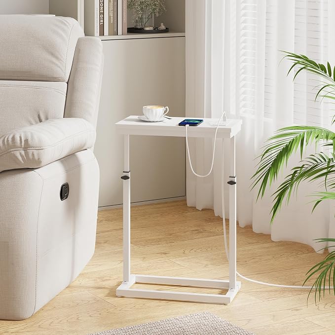 TUTOTAK End Table with Charging Station, Side Table, Tall Couch Table | Sofa Table, for living Room, Bedroom, White TB01BW084