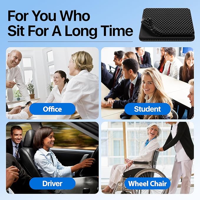 Gel Seat Cushion, Cooling Thick Big Breathable Honeycomb Design Absorbs Pressure Points Seat Cushion with Non-Slip Cover for Office Chair Home Cars Wheelchair
