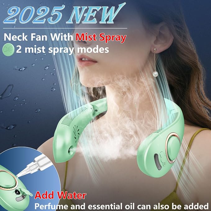 Personal Fan Neck Fan Mister-Fold away Wearable around the Neck Fan, Cordless Bladeless Personal Cooling Device,Neck Coolers for Women Men Kids Dad Mom Extremely Hot Weather Indoor Outdoor Green