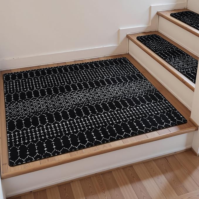 Stair Treads Non-Slip Landing Mat Stair Runners for Wooden Steps 31"x31" | Indoor Slip Resistant Stair Carpet Treads for Kids and Dogs, Rubber Backed Stair Rugs Mats Corner Square Matching Mat