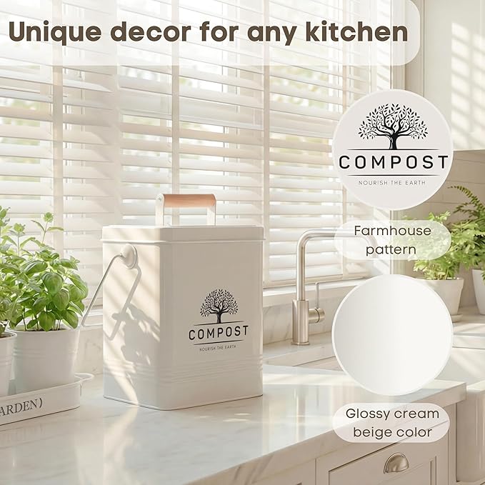 PERFNIQUE Kitchen Compost Bin, 1.7 Gallon Countertop Compost Bin with Lid, Indoor Compost Bin Includes 2 Carbon Filters, Small Compost Bucket, Food Waste Bin for Kitchen with Trash Bags (Cream White)