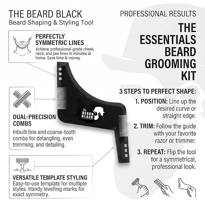 The BEARD BLACK Beard Shaping Tool & Neckline Shaper – Professional Beard Trim Guide & Stencil with Inbuilt Comb – Perfect Line Up & Edging Template for Men – Use with Trimmer or Razor