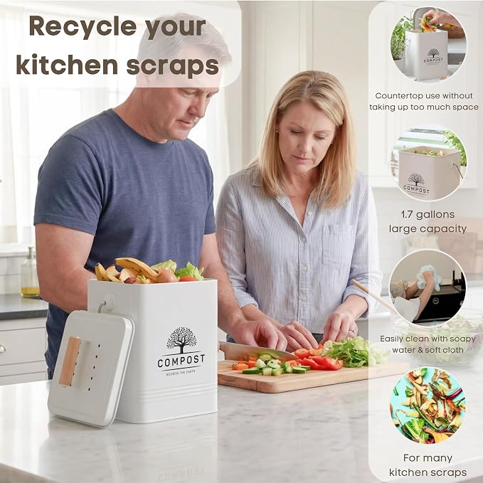 PERFNIQUE Kitchen Compost Bin, 1.7 Gallon Countertop Compost Bin with Lid, Indoor Compost Bin Includes 2 Carbon Filters, Small Compost Bucket, Food Waste Bin for Kitchen with Trash Bags (Cream White)