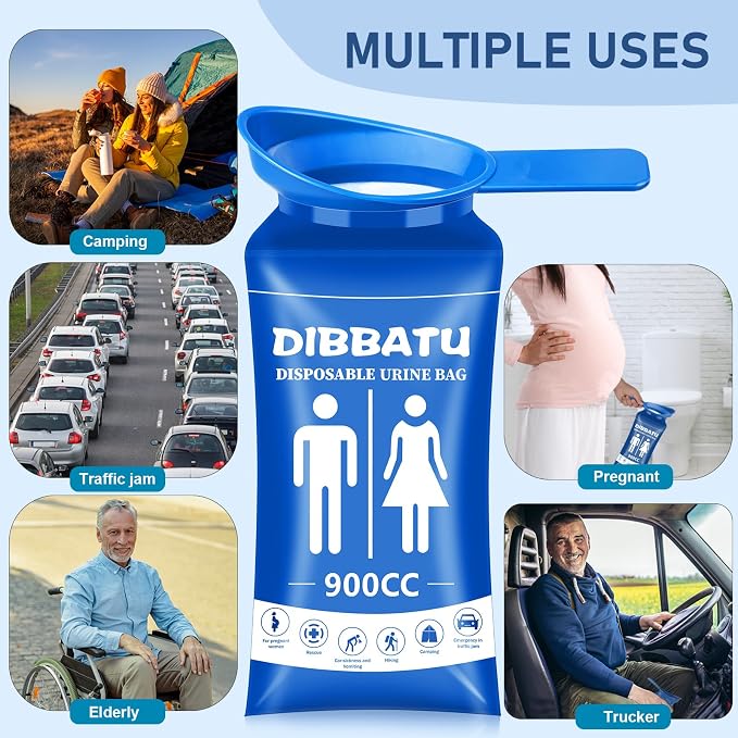 Disposable Urine Bag with Handle for Women/Men, 6/12PCS for Camping, Hiking | Female-friendly Curved Opening, Easier to Position,900ML Larger Capacity,Portable for Travel, Leak-proof Seal for Urine/Vomit
