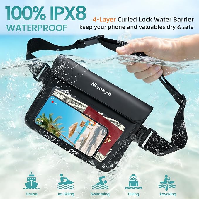 Niveaya 2 Pack Waterproof Fanny Pack for Women Men, IPX8 Waterproof Pouch Dry Belt Bag for Beach, Kayaking, Swimming, Double Space Touchscreen & Photography,Boat Travel Essentials