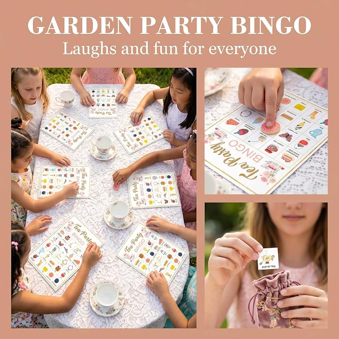 Tea Party Bingo, 24 Players Bingo Game Set for Girls Adults, Tea Party Bingo Games for Bridal Shower, Bachelorette, Wedding, Engagement Party, Tea Party Decorations