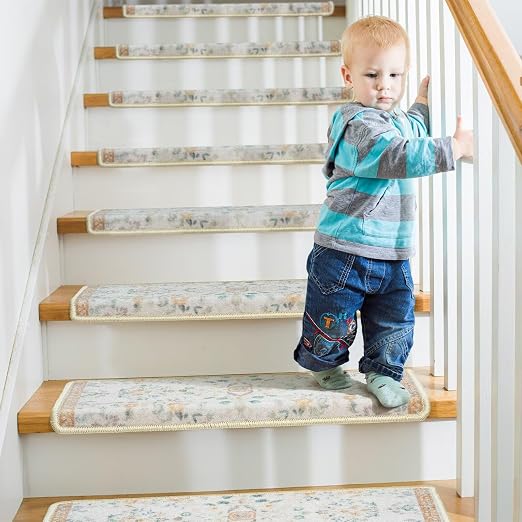 RORA Bullnose Stair Treads for Wooden Steps, Non Slip Stair Carpet 7pcs | Washable, Self-Adhesive, Floral Stair Rug Runner with Edge Protection for Indoor, Pets & Elder, 29.5 x 9.5x 1.7, Beige