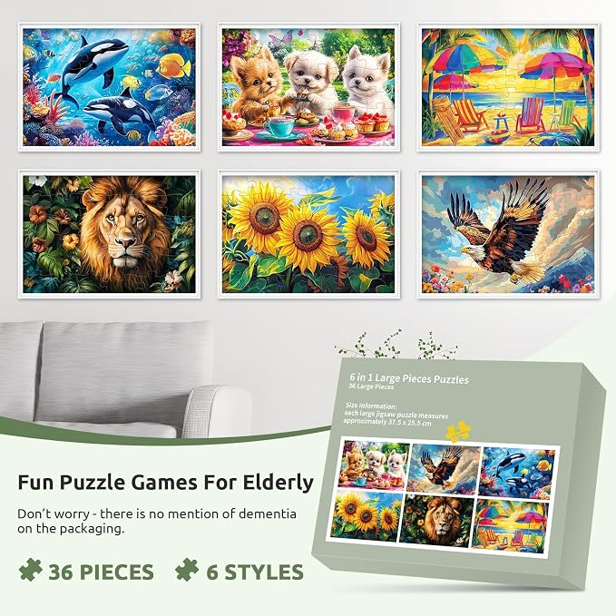 6 Pack 36 Large Piece Puzzles for Seniors, Dementia Alzheimer's Products Activities for Elderly Adults,Alzheimer’s Puzzle Memory Cognitive Games Easy Jigsaw Puzzle Gifts with 6 Storage Bags