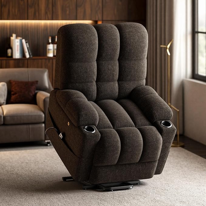 COLAMY Dual Motor Power Lift Recliner Chair for Elderly, Heavy Duty Bariatric Stand Up Assist Sofa with Independent Back & Footrest, Zero Gravity, Massage Heat & Breathable Fabric,Coffee Brown