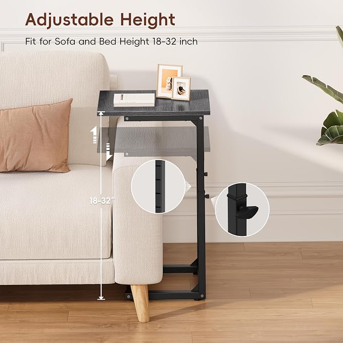 C-Shaped End Table, 33" Tall C Table Adjustable Height Side Table, Small Couch Table with Metal Frame, Slide Under Sofa TV Tray for Living Room, Bedroom, Bedside, Small Spaces, Gray Walnut