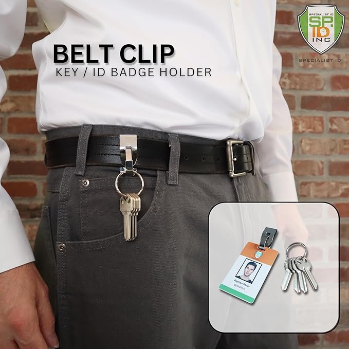 Secure Belt Clip Key Holder with Metal Hook & Heavy Duty 1 1/4 Inch Keychain Ring - Metal Key Chain Keeper for ID Badge/Key