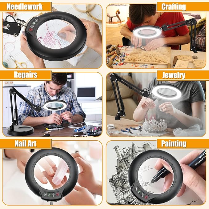 12X Magnifying Glass with Light and Stand (No Acrylic Lens), 2-in-1 Lighted Magnifier with Clamp, 5 Color Modes Dimmable LED Desk Lamp Hands Free for Painting Craft Sewing Hobby Close Work