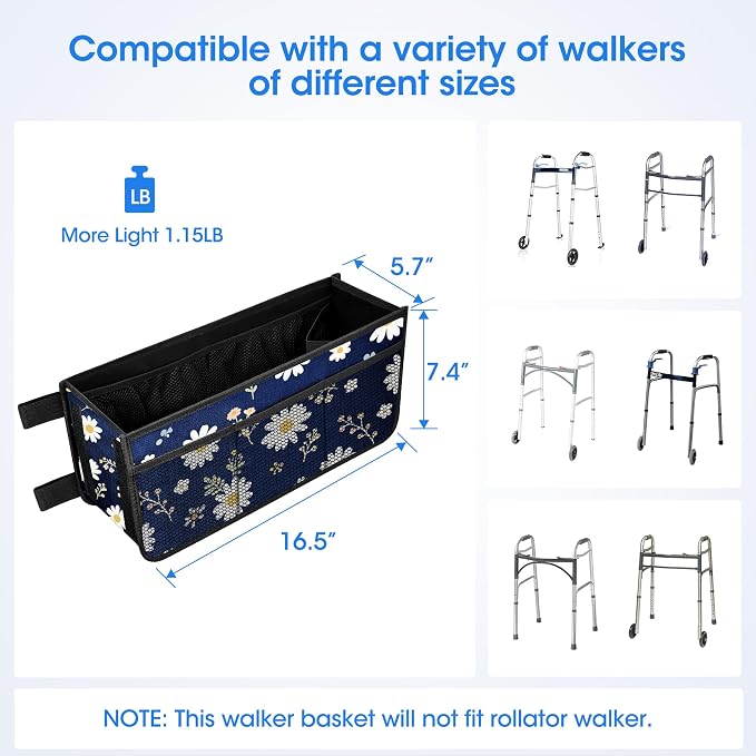 Dotday Upgraded Walker Basket with Cup Holder, Foldable Walker Bag | Basket for Walker for Senior, Walker Accessories for Folding Walker, Large Capacity, Never Tipping Over, Not Fit for Rollator