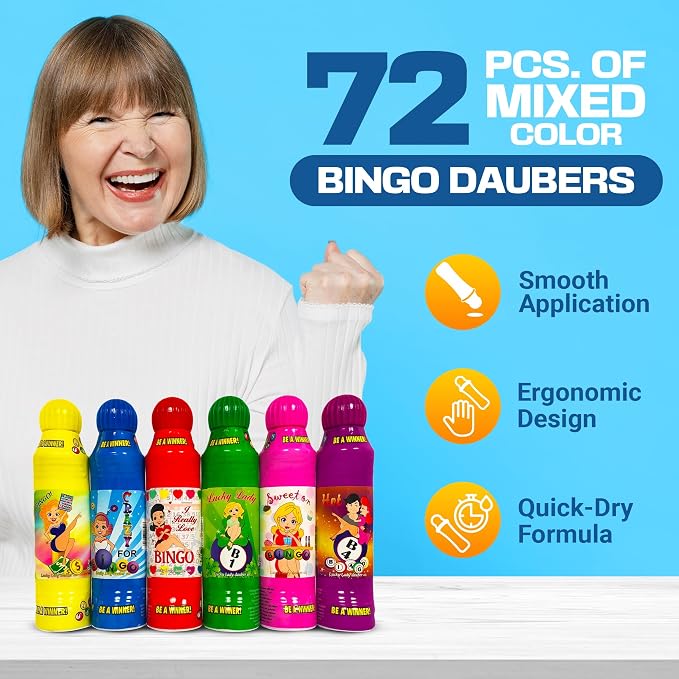 Lucky Lady Bingo Daubers Bulk, 72-Pack Multicolors Bingo Dauber for Adults - Smooth & Even Application, Non-Drip & Quick-Dry Formula Bingo Markers Daubers for Bingo Halls - Made with Dab-O-Ink
