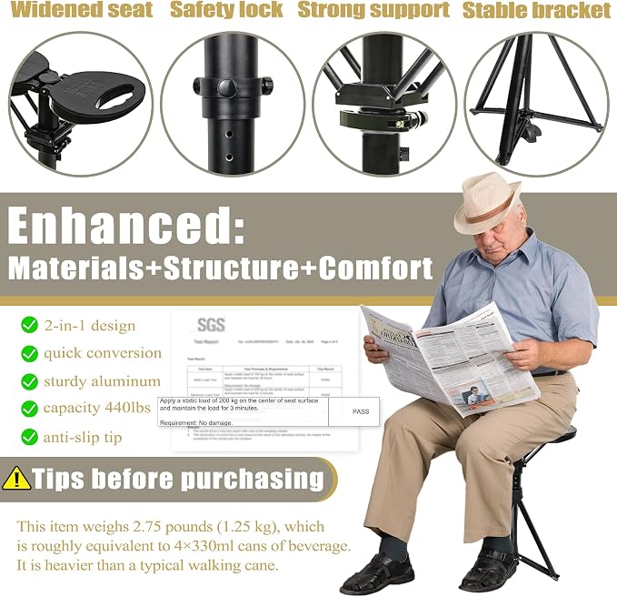 ALEVMOOM Upgraded Walking Cane with Seat, Capacity 440lbs Foldable Cane Chair for Adults, Portable Seats for Seniors, Easy Carry Stick for Hiking Traveling Camping (Black)