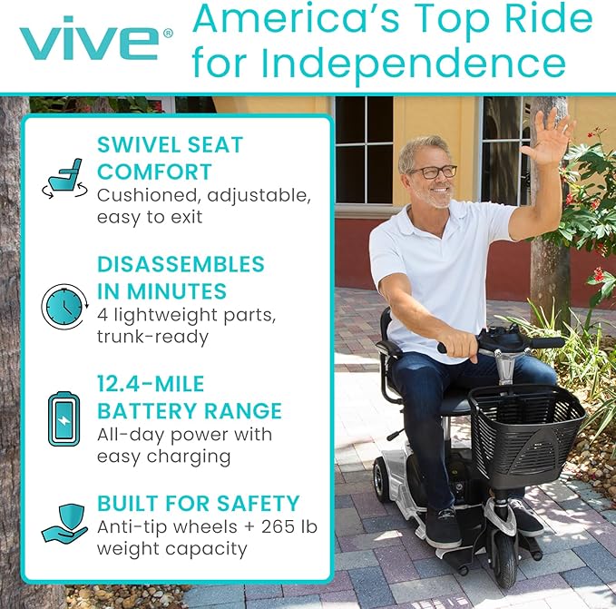 Vive 3 Wheel Mobility Scooter - Electric Powered Mobile Wheelchair Device for Adults - Folding, Collapsible and Compact for Travel - Long Range Power Extended Battery with Charger and Basket Included