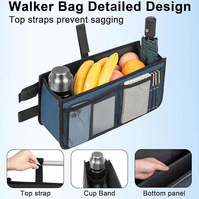 FREEAMG Walker Basket for Folding Walker, Large Capacity Foldable Walker Bag, Walker Storage Bag With Cup Holder, Detachable Walker Accessories Basket for Seniors (Blue)
