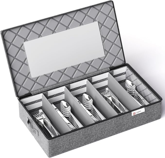YearningHome Silverware Storage Box,Hard Shell Flatware Organizer with Lid and Zipper,Utensil Storage with Clear Window and adjustable Divider for Spoons,Forks.Knives,Grey