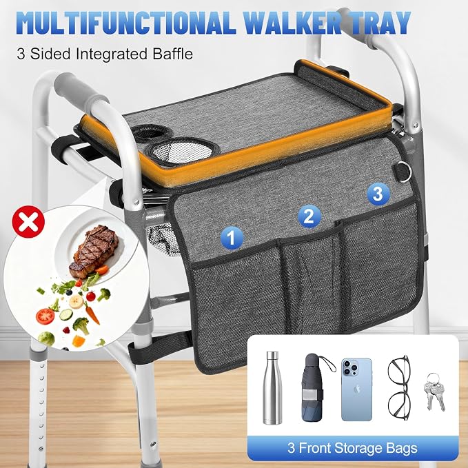 Rhino Valley Walker Tray for Folding Walker,Tray for Walker with Cup Holder | Tray for Walkers with Non-Slip Mat for Food, 3 Front Pockets & 3 Cup Holders, Walker Accessories for Senior, Gray