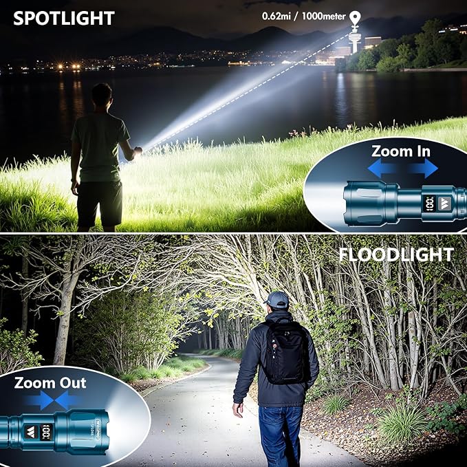 WdtPro LED Rechargeable Flashlight 2 Pack, 3 Modes Super Bright High Lumens Flashlights, Zoomable Tactical Flash Light with LCD Display, IP65 Waterproof Flashlights for Home Emergency Camping - Blue