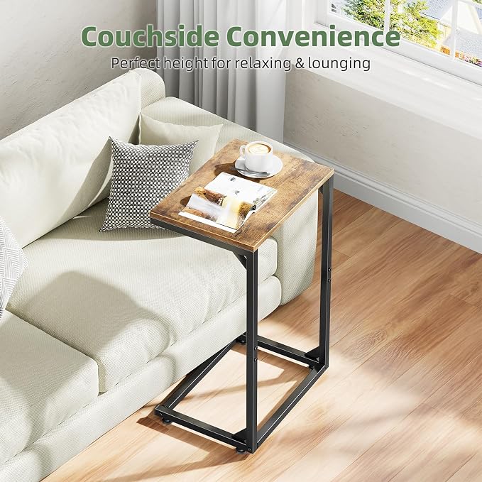 Simple Trending C Shaped Side Table, Small End Table Set of 2, TV Trays Sofa Couch Table for Living Room, Bedside, Rustic Brown