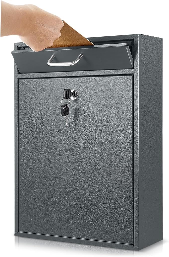 Yaocom Locking Mailbox with Key for Outdoor 16.2 x 11.2 x 4.7 Inches Large Wall Mount Mail Box with Lock Security Mail Drop Metal Collection Boxes Hanging Secure Postbox(Dark Gray)