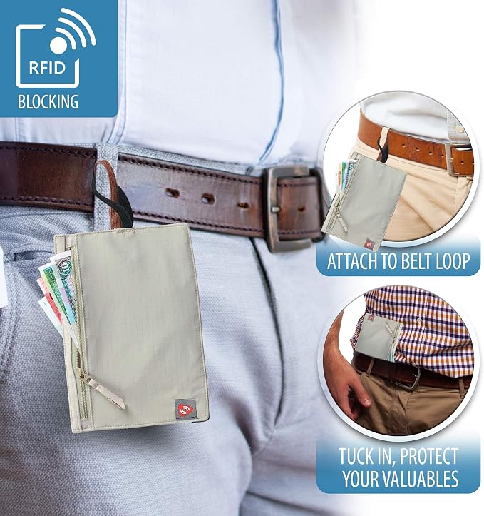 Lewis N. Clark RFID Blocking Money Belt Travel Pouch + Credit Card, ID, Passport Holder for Women & Men, Tan, One Size