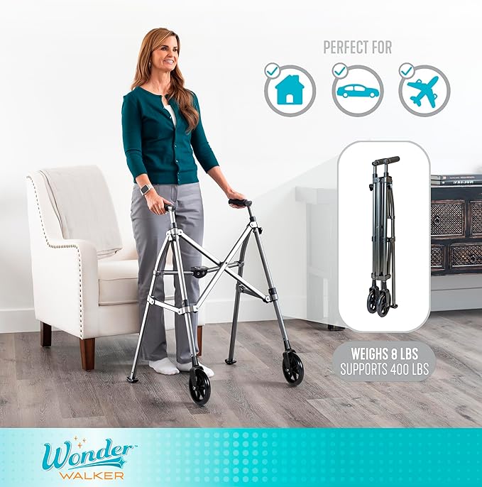 Stander Space Saver Walker, Lightweight Folding Rolling Mobility Aid for Seniors & Adults, Compact 2-Wheel Disability Device with 6-inch Wheels & Ski Glides for Walking Support, Regal Rose
