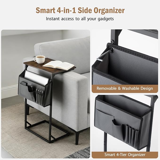 C Shaped End Table for Couch, Small Side Table for Living Room & Bedroom, Slide Under Sofa Table for Laptop, Coffee, Snacks, Easy Assembly, Modern Design