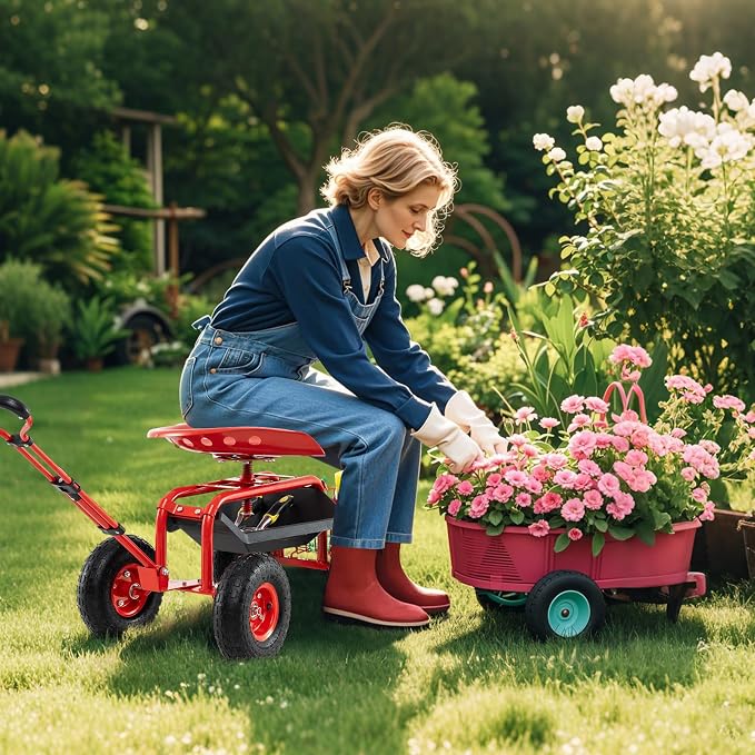 Garden Seat with Wheels, Rolling Stool with Extendable Handle, Storage Basket & Tool Tray, Garden Scooter with 360 Degree Swivel Seat for Outdoor & Yard (Red)