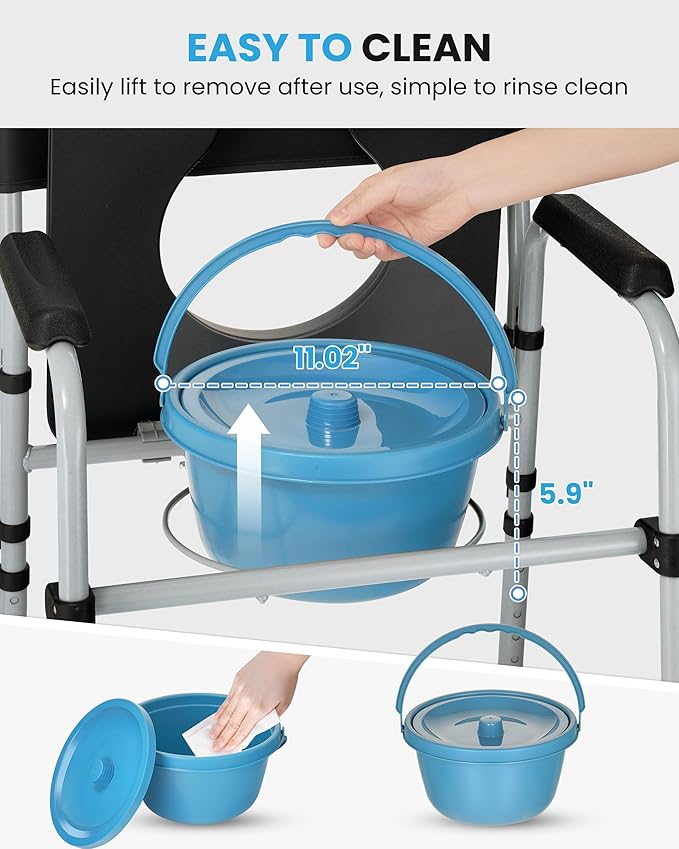 Bedside Commode, Foldable Adjustable Commode Toilet, 350 lb Capacity, Portable Bedside Toilet with Padded Seat & Backrest,bedside commodes for seniors and Mobility-Impaired Individuals