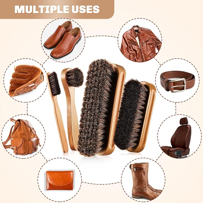 4 Pcs Horsehair Shine Shoes Brush Kit Polish Dauber Applicators Cleaning Leather Shoes Boots Care Brushes Suede Cleaner Brush with Microfiber Shoe Cloth(Wooden Style A)