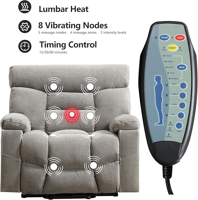 Dual Motor Power Lift Recliner Chair for Elderly, 27" Extra-Wide Seat 450 lbs Weight Capacity Infinite Position Adjustment, with Heated Massage, Cup Holders and USB Port, Grey Fabric