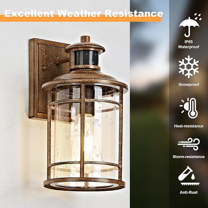 Motion Sensor Outdoor Wall Lights-Dusk to Dawn Porch Light,Faux Wood Grain Outdoor Lights Fixture,3 Lighting Modes Waterproof Anti-Rust Outdoor Lights for House Porch Garage (2 Pack