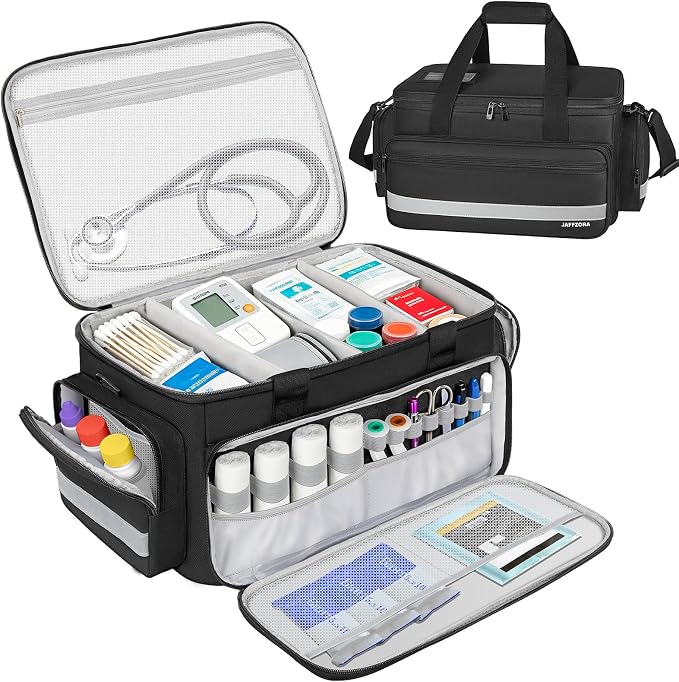 Medical Bag, Medical Equipment Case Empty, Large Home Health Nurse Bag with Shoulder Strap, Medication First Aid Organizer for Therapist, Doctors, Nursing Students (Black)