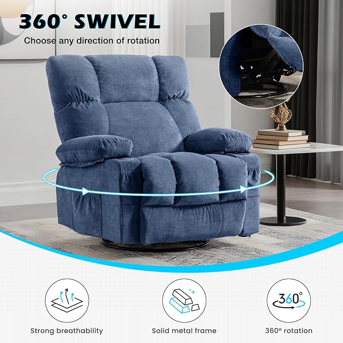 MAHOMICO Oversized Recliner Chair with Massage and Heat, 360° Swivel Rocker | Fabric swivel rocker recliner with ergonomic support, USB charging, cup holders and side pocket for living room
