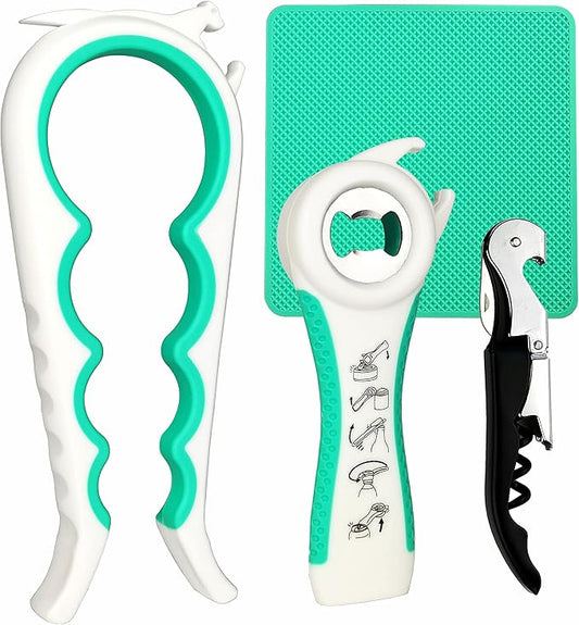 Otstar Latest Jar Opener Bottle Opener tool for Weak Hands,Seniors with Arthritis,Low Strength and Children, Multi Opener Set with Rubber Jar Gripper Pad and Corkscrew Wine Opener