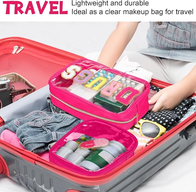 Hillban 2 Pcs Medicine Bag Chenille Letter Patch Meds Bags Travel Cases Preppy Clear Nylon Portable Makeup Bags Zipper Cosmetic Toiletry Storage for Women PVC Transparent Mini First Aid Bag(Stylish)