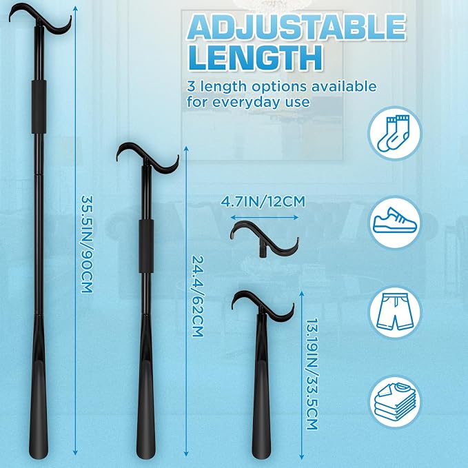 Shoe Horn Long Handle, Dressing Stick with S-Hook, 24-35 Inch Extendable Dressing Aid for Elderly, Disabled, Arthritis, Pregnant Women, No Bending Required (Black)