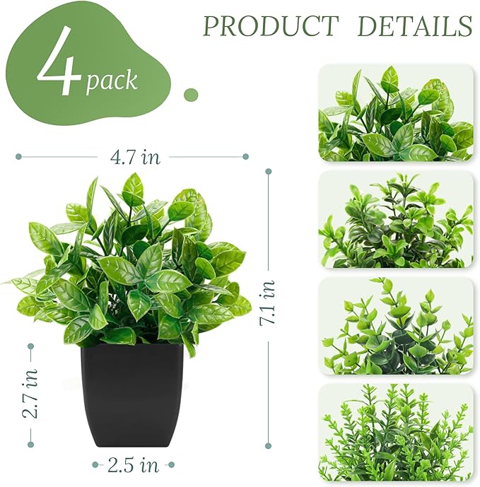 Der Rose 4 Pack Black Bathroom Decor Fake Plants Mini Artificial Greenery Potted Plants for Halloween Decor Indoor Office Table Room Farmhouse Decor