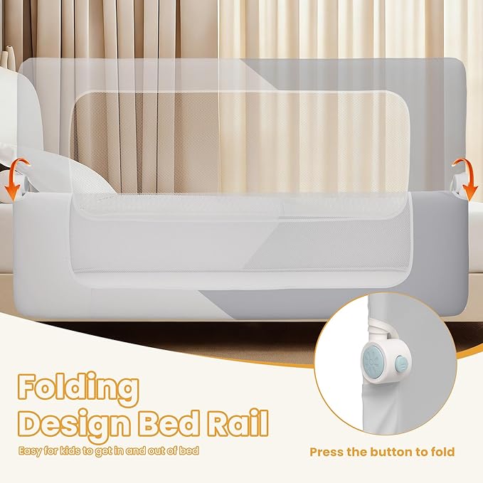 Foldable Bed Rail, 57in Reinforced Carbon Steel Frame & Connectors, Breathable Cationic Fabric - Safety Bed Rail Fits Queen, King, Twin, Full, No-Tool Easy Setup