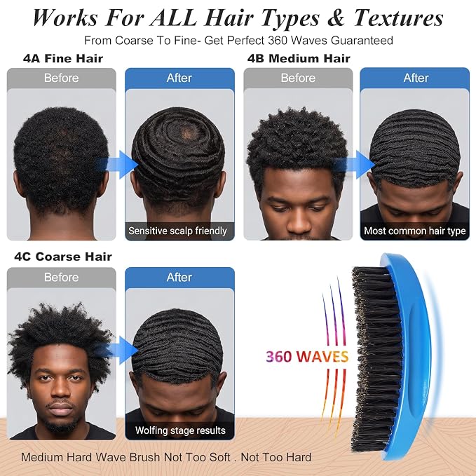 Wave Brush for Men – Medium Hard Boar Bristle Hair Brush for 360 Waves, Wolfing & Daily Grooming – Curved Palm Mens Hair Brush for Thick, Coarse & Curly Hair – Beard Grooming & Hair Styling Brush