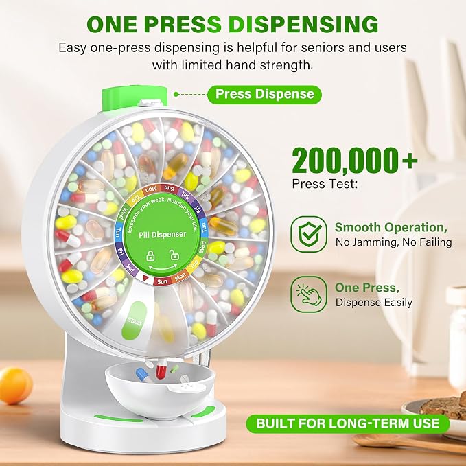 200000 Push Button Test Weekly (14 Days) Large Pill Dispenser Organizer | One Push Button, Magnetic Medicine Bowl, Child Lock, Wall-Mounted, Standing Use, for Vitamin, Medicine, Elderly, Pet Green