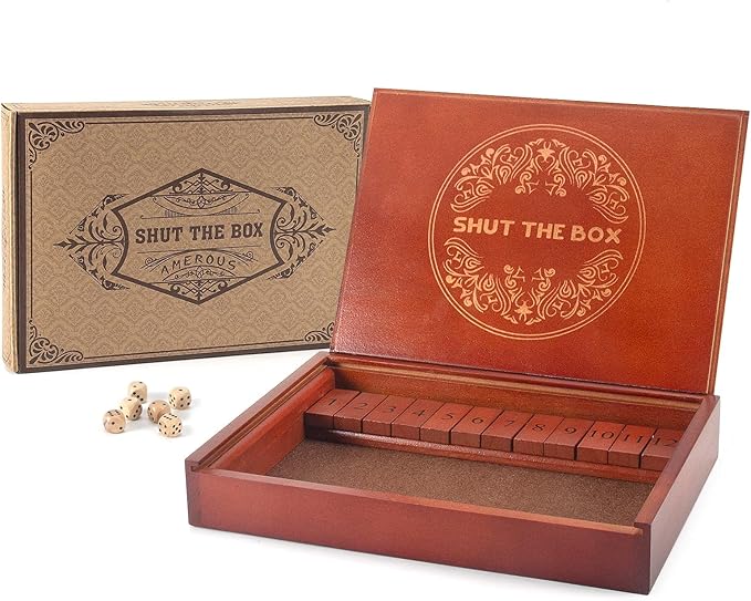 AMEROUS Shut The Box Dice Game，Wooden Board Table Math Game with Lid - 6 Dice - Gift Package - Rules, Classic Board Game for Kids Adults, Family