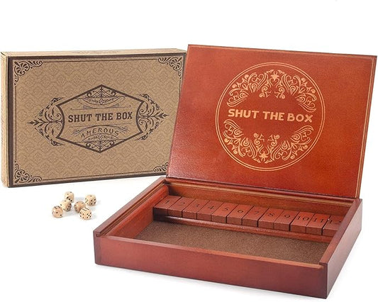 AMEROUS Shut The Box Dice Game，Wooden Board Table Math Game with Lid - 6 Dice - Gift Package - Rules, Classic Board Game for Kids Adults, Family